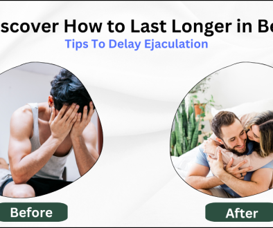 Graphic with the text "Discover How to Last Longer in Bed" and "Tips to Delay Ejaculation." The left side ("Before") shows a distressed man sitting on a bed, while a woman sits in the background. The right side ("After") shows a happy couple cuddling, implying improvement in intimacy.