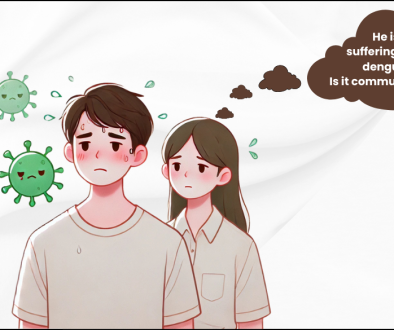 A young man with dengue looks sick and sweaty, while a worried woman behind him thinks, 'He is suffering from dengue. Is it communicable?'. Dengue virus illustrations with arrows are shown beside him.