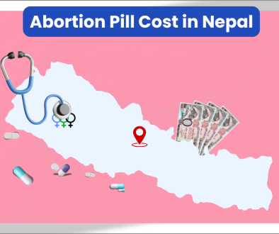 A stylized map of Nepal showing abortion pills, money, and a stethoscope, titled 'Abortion Pill Cost in Nepal.'