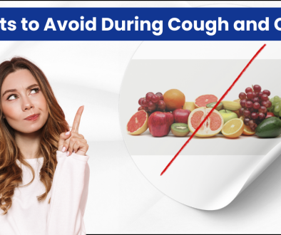 A woman with long hair looks thoughtfully at a list showing fruits to avoid during a cough and cold.