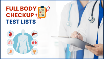 An image that contains text, “full body chekup test list” and doctor holding a clipboard with a full body checkup illustration.