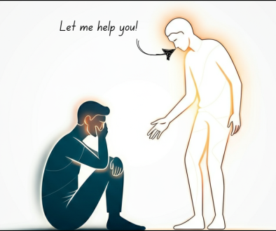 A sad person sits down with their head in their hand while a comforting figure offers help by saying let me help you.