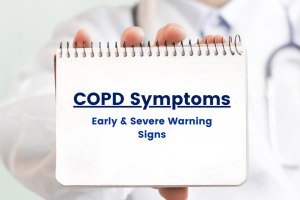 A graphic illustration of a doctor holding a diary which contains text "COPD symptoms early & severe warning signs"