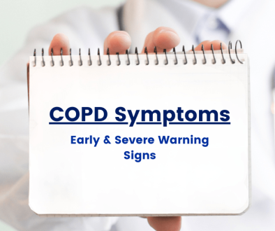 A graphic illustration of a doctor holding a diary which contains text "COPD symptoms early & severe warning signs"