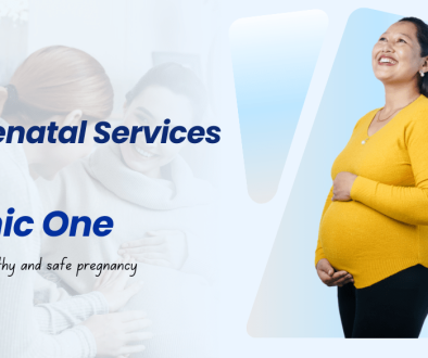 An image with happy pregnant women on the right side and a text “Get antenatal services at Clinic One” on the left