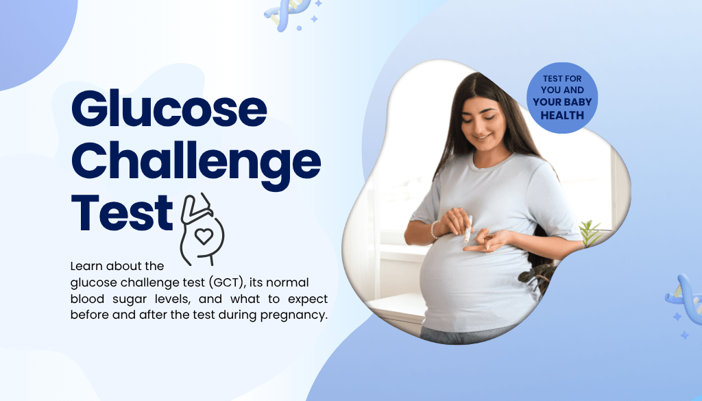Graphic about Glucose Challenge Test featuring a pregnant woman checking blood sugar with a glucose meter.