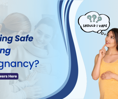 A digital image with a health message about pregnancy and vaping. On the left side, text reads "Is Vaping Safe During Pregnancy?" On the right side, a pregnant woman in an orange tank top touches her chin thoughtfully with a speech bubble above her that says "??? Should I Vape?"