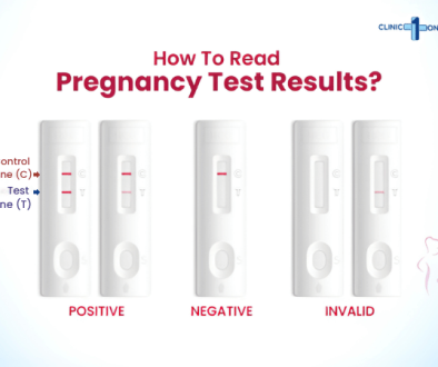 A graphic illustration of pregnancy test kit results showing positive, negative, and invalid outcomes based on control (C) and test (T) lines.