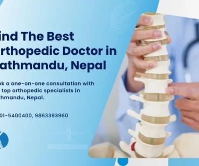 Find The Best Orthopedic Doctor in Kathmandu, Nepal A graphic showing a doctor holding a spine model with text that reads 'Find the best orthopedic doctor in Kathmandu, Nepal.