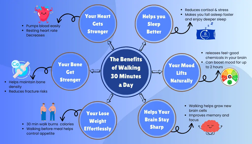 Infographic showing six benefits of walking 30 minutes daily: stronger heart and bones, better sleep, improved mood, sharper brain, and weight loss