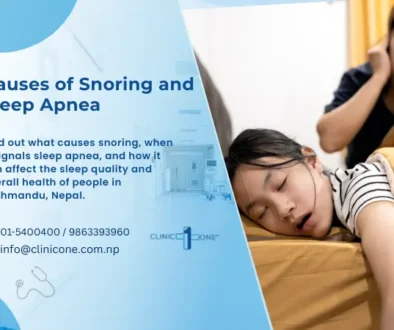 Informational poster by Clinic One explaining the causes of snoring and sleep apnea, its impact on sleep quality and health.
