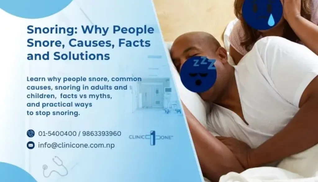 A Graphic illustration that explains why people snore, its causes, some facts vs myths, and solutions.