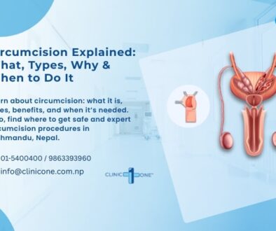 Informational poster by Clinic One explaining what is circumcision and circumcision procedure in Nepal, with anatomical illustration and contact details for services in Kathmandu.