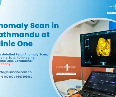 Graphic illustration of anomaly scan in Kathmandu at Clinic One, showing 3D fetal imaging on ultrasound monitor