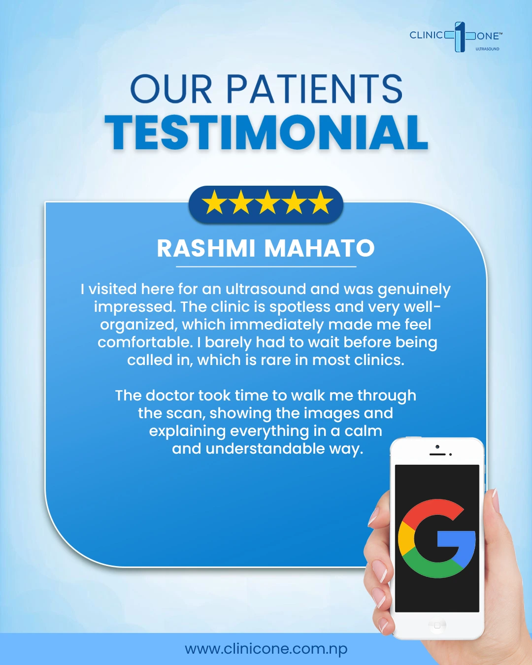 Testimonial of Rashmi Mahato about her ultrasound experience at Clinic One.