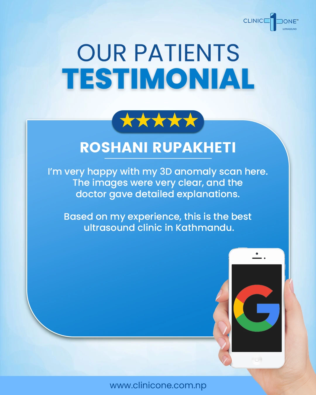 Testimonial of Roshani Rupakheti about her 3D anomaly scan experience at Clinic One.