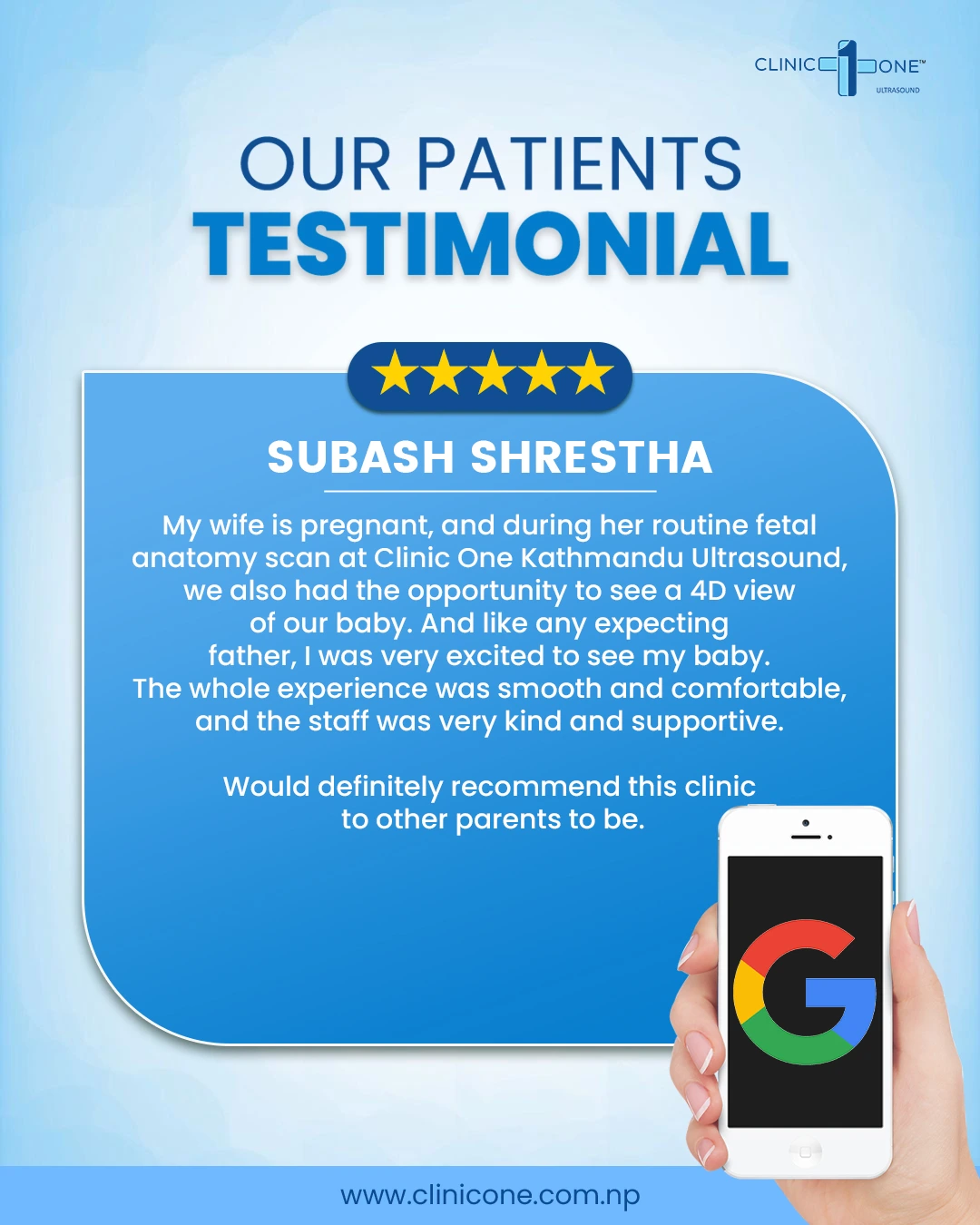 Testimonial of Subash Shrestha about his wife's routine fetal anatomy scan experience at Clinic One.