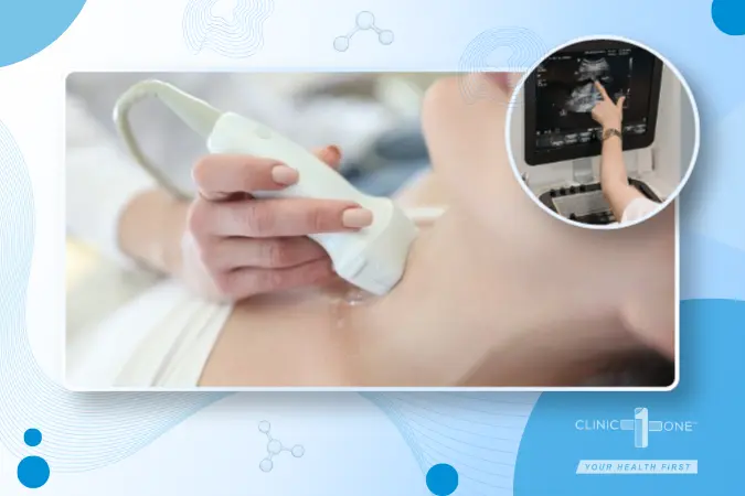 Image of a senior radiologist performing a neck ultrasound in a clean, modern clinical setting.