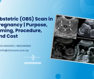 Graphic showing the title 'Obstetric (OBS) Scan in Pregnancy' with additional text covering key topics like the scan's purpose, timing, procedure, and cost.